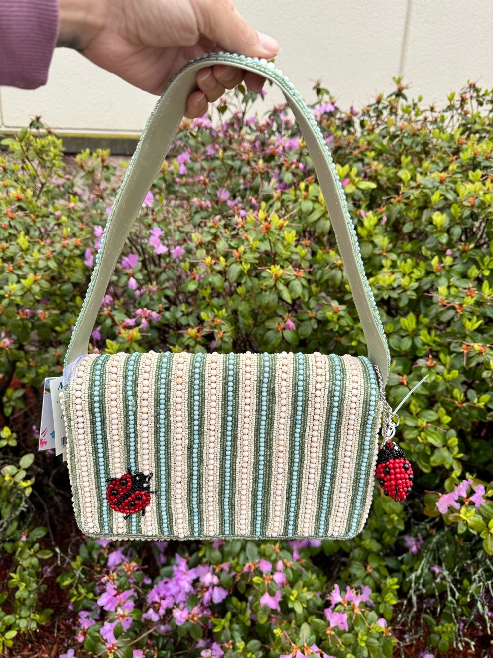 Mint Beaded Shoulder Bag with Red Ladybug Motif - Picture 3 of 3